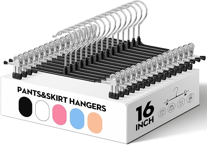 HUADYMEET 16 Inch Extended-Length Pants Skirt Hangers Non-Slip,20 Pack Adjustable Jeans Trousers Shorts Metal Clothes Hangers with Clips for Men Women, Strong Durable Heavy Duty Space Saving(Black)