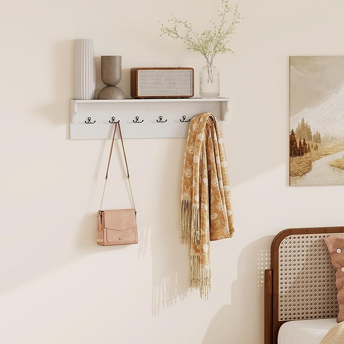 Giantex Coat Rack Wall Mount, 31.5" Wooden Coat Hooks with Shelf, Wall Clothes Rack w/ 6 Dual Hooks for Hats Towels Purses Robes, Floating Display Shelf for Living Room Bedroom Entryway, White