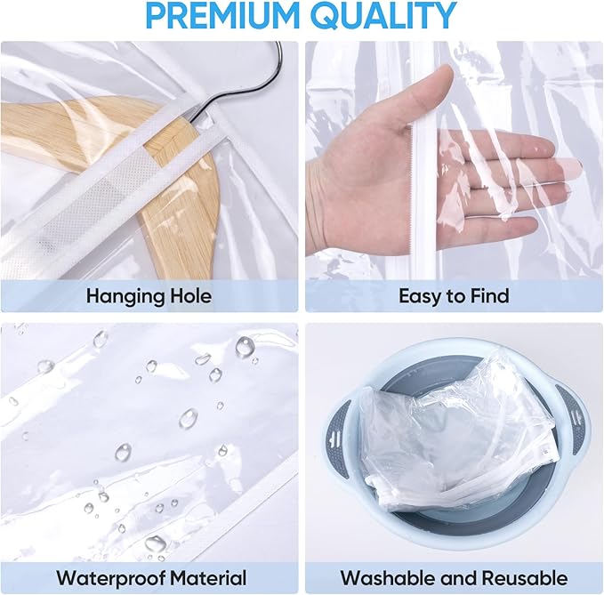 BALEINE 40'' Clear Garment Bags, 12 Packs PEVA Dress Bag for Closet Clothes Dresses Suit Coats Storage (Clear, 12PK)