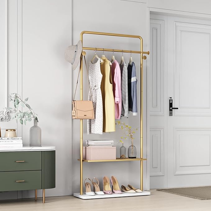 TIEOU Gold Clothing Racks with Shelf, Heavy Duty Gold Clothes Racks for Boutiques, Free-Standing Metal Garment Rack for Hanging Clothes, Modern Coat Rack Entryway