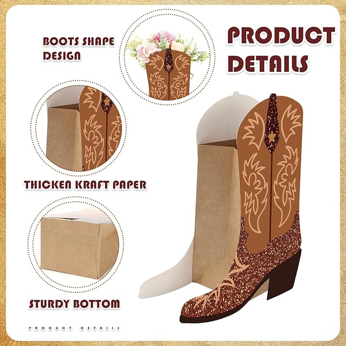 16Pcs Western Cowboy Boots Flower Boxes Centerpiece Brown Boots Shape Box Decorations Western Cowboy Boot Vase Paper Box for Wild West Rodeo Birthday Baby Shower Decoration