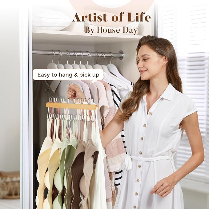 HOUSE DAY Closet Organizers and Storage, Tank Top Hangers, Rotatable Bra Organzier for Closet, Max 48 Storage Capacity Sport Bra Holder, Wood Space Saving Hanger 2 Pack - Dorm Room Essentials