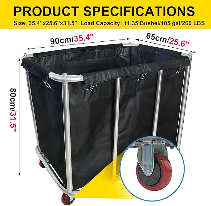 Industrial Commercial Large Rolling Laundry Cart, Heavy Duty Canvas Hamper, 11.5 Bushel, 260LBS Load, Wheeled, Black
