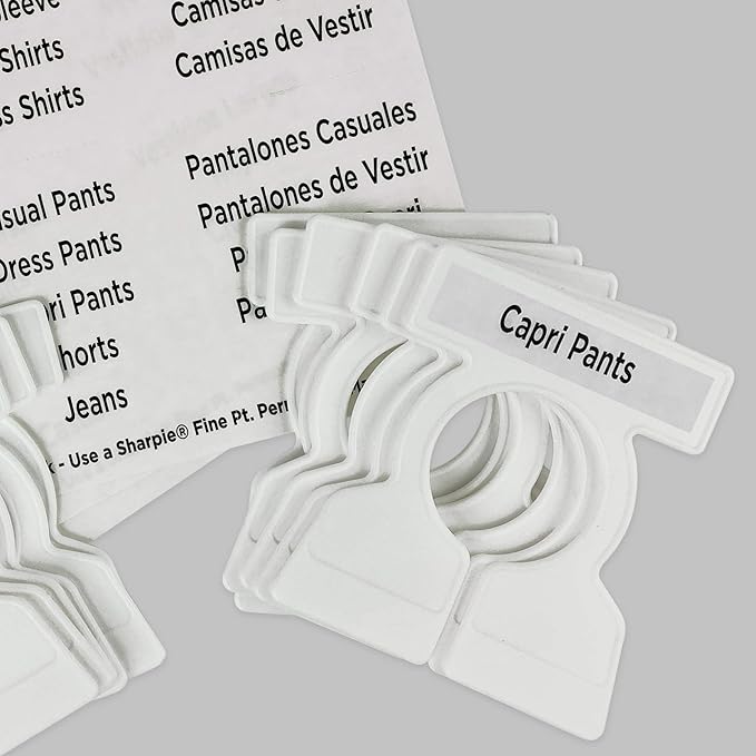 Simple Division Garment Organizers - Sort, Put Away, and Find Clothes Easily - 12 White Closet Organizers - Includes 60 Bilingual Sorting Labels