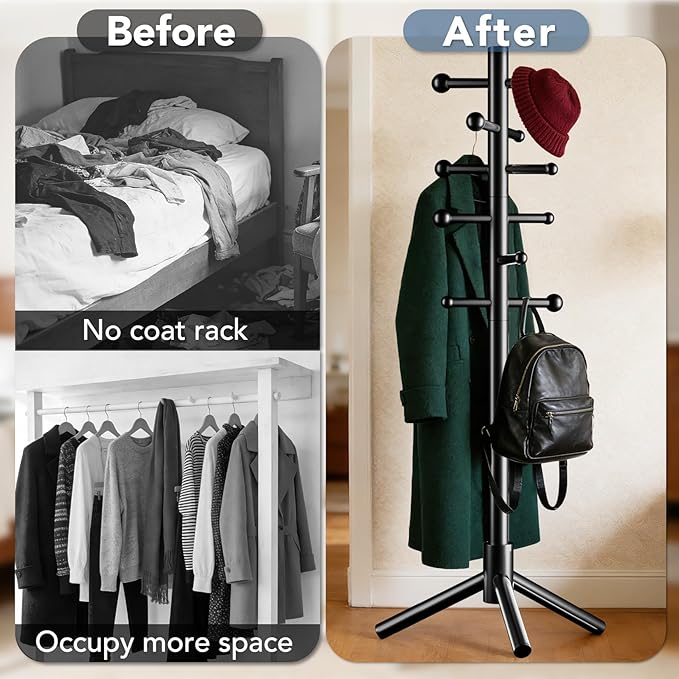Wooden Coat Rack Freestanding with 12 Hooks 3 Adjustable Heights，Standing Coat Rack Tree for Hat and Coat Rack for Small Spaces Entryway,Office,Bedroom,Black