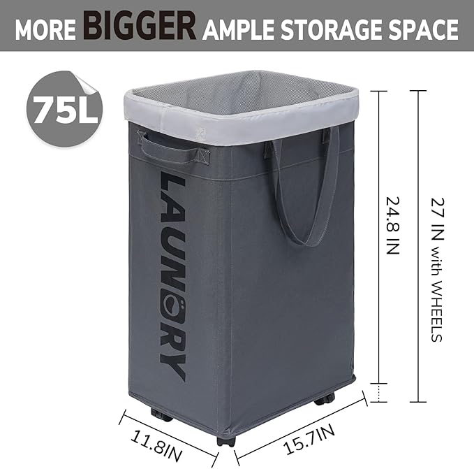 CHICVITA 2-Pack Hamper with Wheels, 75L Large Laundry Baskets with Removable Wash Bags, Foldable Laundry Baskets with Slim Design for Corner Dorms, Rolling Laundry Hamper on Wheels, Grey