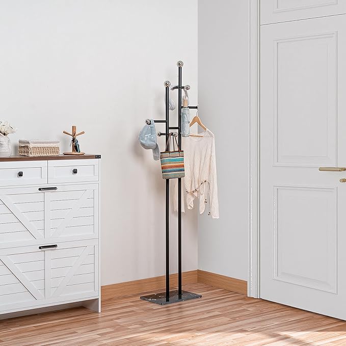 Coat Rack Freestanding with Marble Base, Heavy Duty Metal Clothes Rack, Corner Coat Tree Hat Rack for Entryway Bedroom Living Room Hotel 14.96 x 10.24 x 68.9 Inches (Black)
