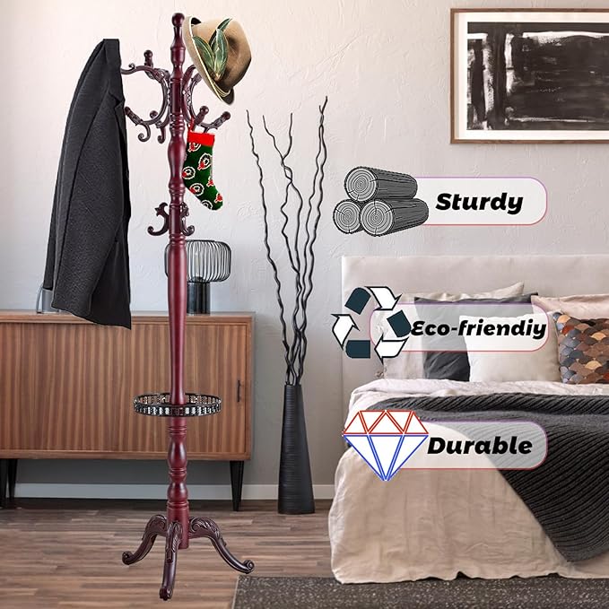 73 in Wood Coat Rack, Coat Rack Freestanding with Stable Round Base, Adjustable Height Tree Coat Racks Stand for Home Bedroom Office Hallway Entryway (Rosewood Tray)