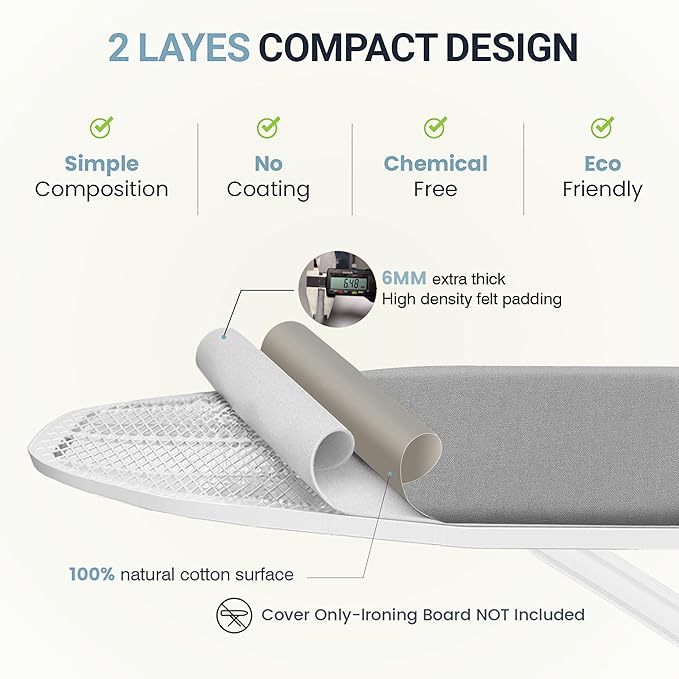 Ironing Board Cover and Pad 15"x54" Extra Thick Natural Cotton, Scorch and Stain Resistant Padding, Standard Size Iron Board Cover with Fasteners Heavy Duty Elastic Edge, Heatproof Gray