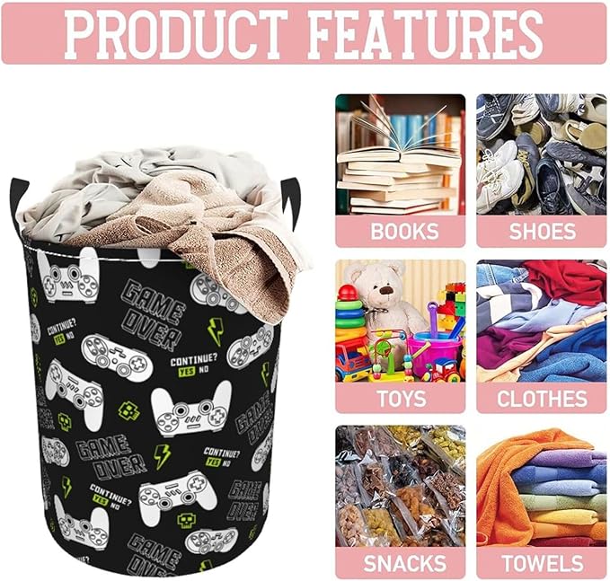 Game Controllers Pattern Round Laundry Hamper Gaming Joysticks Gamepad Storage Basket Toys Clothes Organizer Bin For Home Bathroom Bedroom Dorm Nursery, 62l