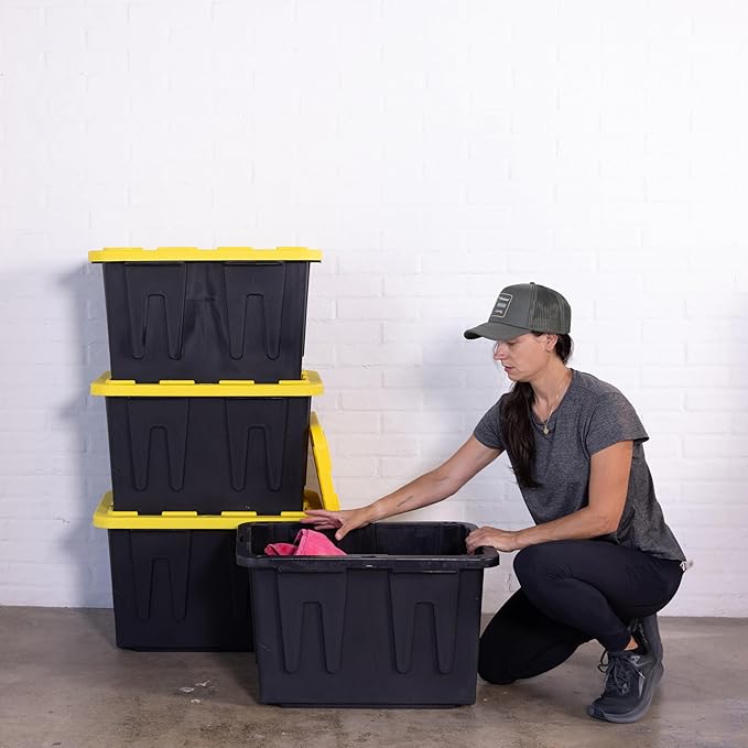 Plastic 23-Gallon Storage Tote with Lockable Lid, Stackable Tough Regular-Duty Bin for Garage, Tools, and Home Organization (2-Pack) - Black and Yellow