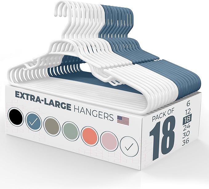 Neaties Large & Wide Heavy Duty Clothes Hangers 18 Pack – Made in USA – Ideal for Plus Size Clothing – 10lb Plastic Hangers with Notches for Oversized Adult Coats & Pants – White & Blue
