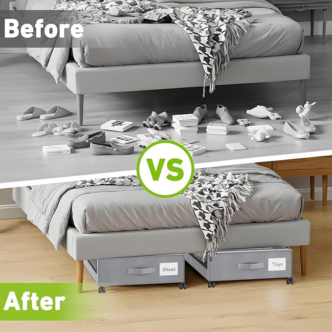APSARAS USA Underbed Storage with Wheels, Under Bed Storage Containers with Clear Window, Rolling Drawers & Bins for Shoes Clothes in Dorm Bedroom, Easy Pull-out Black 2-Pack- Space-Saving