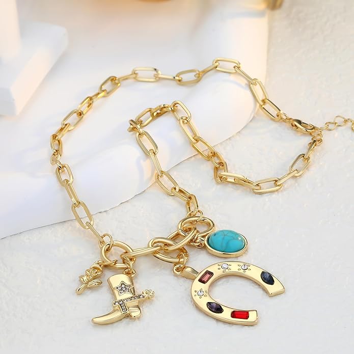 Chunky Gold Necklace for Women Gold Evil Eye Cowboy Pendant Necklace Dainty Paperclip Chain Vintage Luck Amulet Choker Necklaces Celestial Jewelry Gift