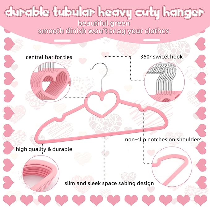 Qunclay 50 Pcs Pink Velvet Heart Hangers, Non-slip Felt Clothes, Heavy Duty Sturdy Heart Clothes Coat Hanger, Cute Kawaii Room Decor for Adult Women, Space Saving with No Hanger Mark, 360° Swivel Hook