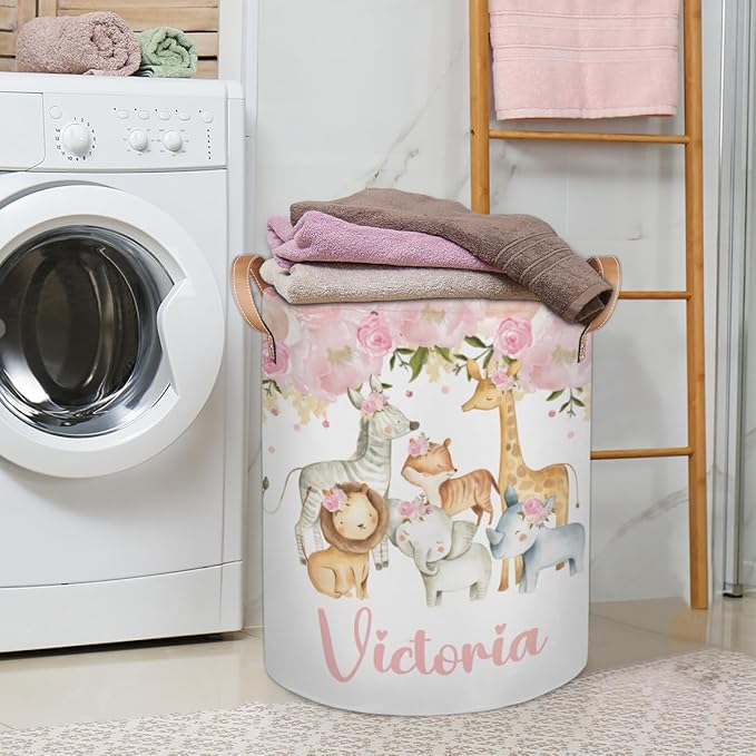 Personalized Laundry Basket, Custom Gift Laundry Hamper, Collapsible Nursery Waterproof Laundry Baskets, Dirty Clothes Toy Hamper with Handles Girl Safari Animals
