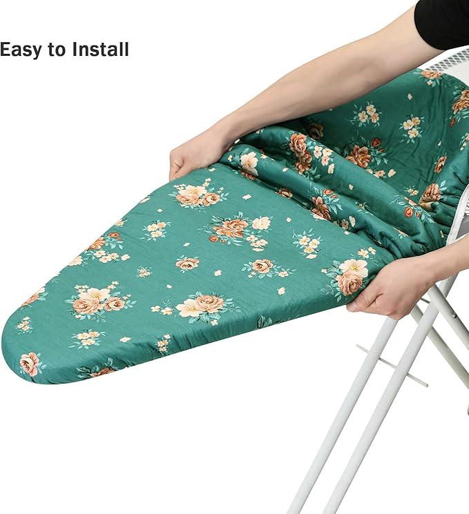 Ironing Board Cover and Pad Standard Size 15" x 54",3 Pairs of Hook and Loop Fastener Straps,Elastic Edges,Cotton Iron Board Cover with Scorch Resistant Thick Padding (Green+Flowers)