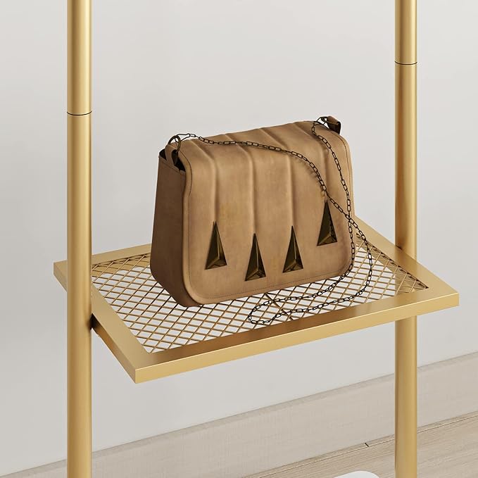 TIEOU Gold Clothes Racks with Shelf, Heavy Duty Gold Clothing Racks for Boutiques, Free-Standing Metal Garment Rack for Hanging Clothes, Modern Coat Rack Entryway