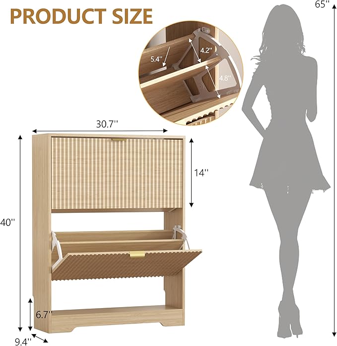 Shoe Cabinet Storage for Entryway with 2 Flip Drawers, Fluted Shoe Cabinet with Open Storage, Wooden Hidden Shoe Rack Freestanding Narrow Slim Shoe Organizer for Hallway, Entrance