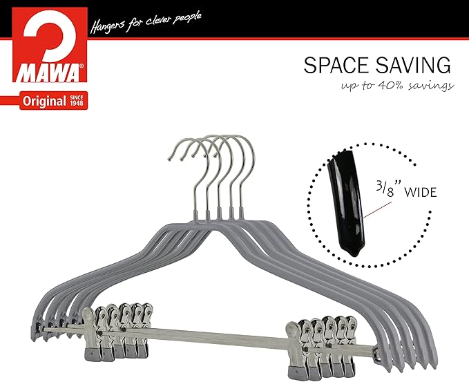 Mawa by Reston Lloyd Silhouette Series Non Slip Space Saving Hanger with Pant Clips, Style 40/FK,Set of 5, Silver