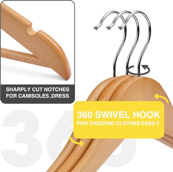 Wooden Hangers - 60 Pack - Clothes Hanger for Daily Used,Heavy Duty Wood Hangers with Precisely Cut Notches,Coat Hanger for Closet, Clothes Hangers for Shirt Suit Dress (Natural)