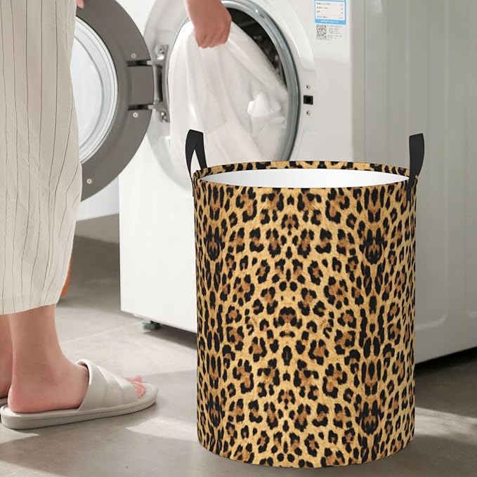 Brown Leopard Print Round Laundry Hamper Animal Cheetah Storage Basket Toys Clothes Organizer Bin For Home Bathroom Bedroom Dorm Nursery, 62l