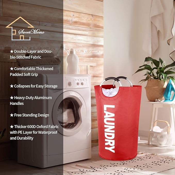 Large Laundry Basket Collapsible，Freestanding Clothes Hamper Bag with Handles – Tall Folding Dirty Laundry Bin，Sturdy Laundry Sorter for College Dorm，Laundry Room – 130L (Red)