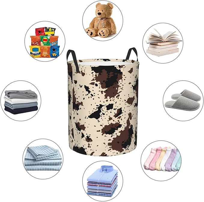Highland Cow Texture Round Laundry Hamper Cowskin Print Storage Basket Toys Clothes Organizer Bin For Home Bathroom Bedroom Dorm Nursery, 38l
