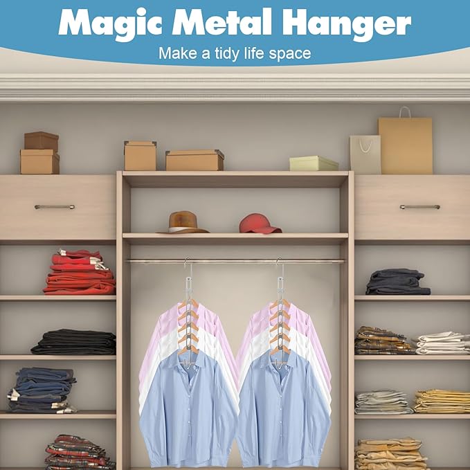 12 Pack Metal Space Saving Hangers for Clothes, Foldable Space Saving Clothes Hangers, Magic Hangers Organizer for Closet Organization and Storage, Apartment College Dorm Room Essentials, Silver
