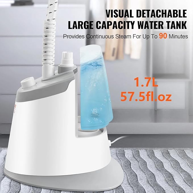 Standing Steamer with Garment Hanger, 1.7L Water Tank for 90min Continuous Steaming, Heats in 45 Seconds, Double-Insulated Steam Hose