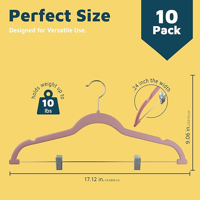 Lifemaster Velvet Pants Hangers – with Adjustable Clips, 360 Degree Swivel Hook, and Non-Slip Shoulder Notch, Holds Up to 10 lbs, for Organizing Skirt, Pants, Dress, and Clothes, Pack of 10, Pink