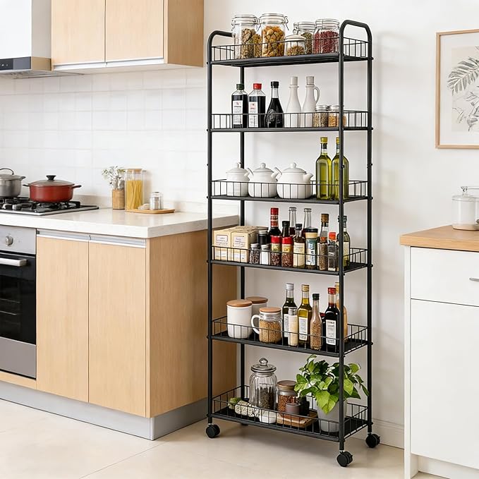 6 Tier Slim Rolling Storage Cart, Mobile Shelving Unit with Wheels, Metal Wire Storage Rack with Baskets for Kitchen Bathroom Office Laundry Narrow Piaces (10in Rolling Cart)