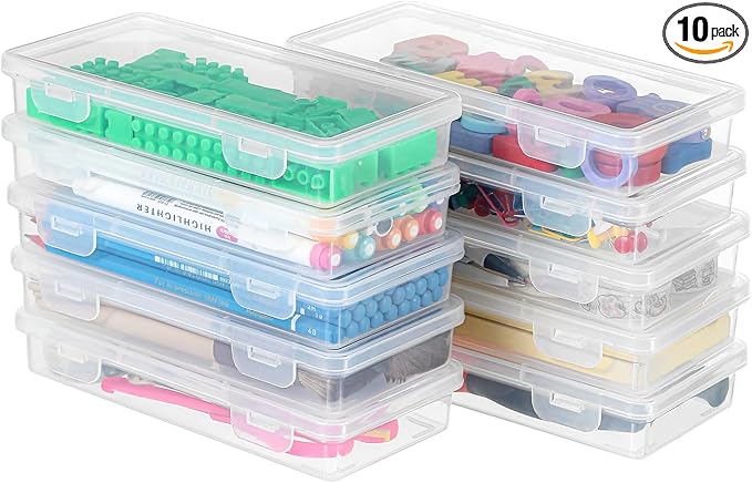 10 Pack Clear Plastic Pencil Case Pouch Box - Stackable Storage Organizer with Snap Lid for Pens, Markers, Beads, Jewelry, Stickers, Art Supplies, School Office Hobby Use, Rectangular Flat