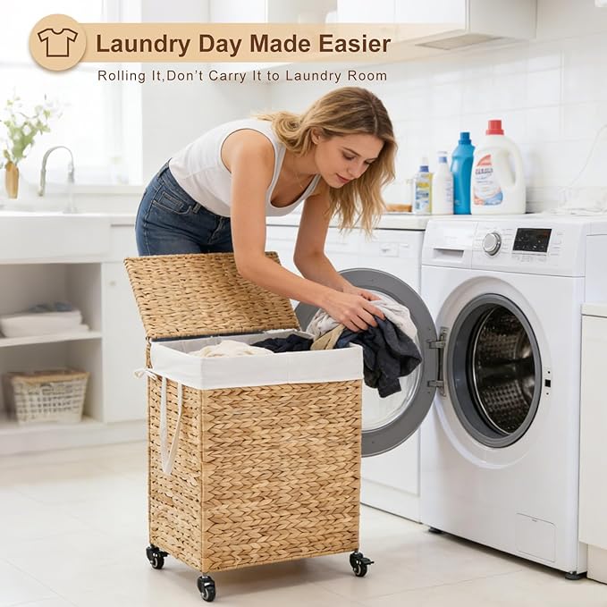 2-Section Laundry Hamper with Lid, Large Capacity Woven Natural Water Hyacinth Laundry Sorter with Removable Liners, Rolling or Non-Slip Design for Bedroom(Natural, 100L)