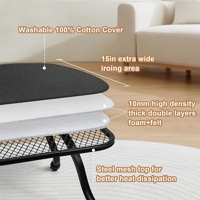 Duwee 15"x30" Table Top Ironing Board Extra Wide with Heat Resistant Cover,10mm Thicken Double Layers Feltpad and Foam,Non-Slip Feet for Home, Laundry Rooms, Dorms,Black