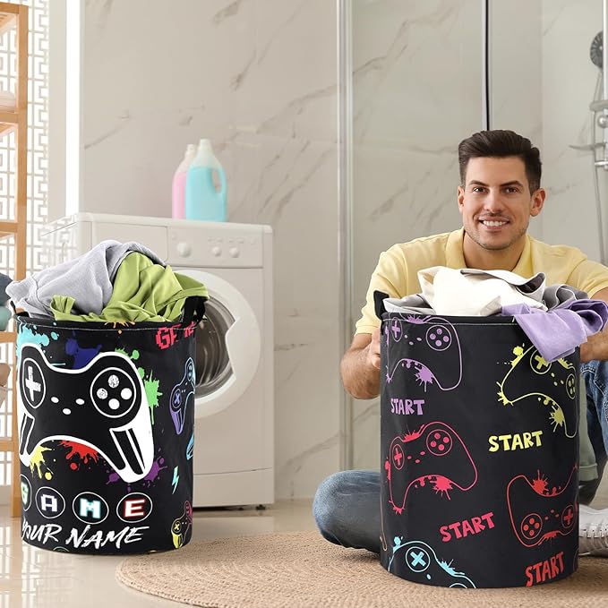 Zhehao 2 Pcs Gamer Laundry Basket Boys Kids Laundry Hamper Gamer Room Decor Gaming Storage Basket Hamper Clothes Organizer Nursery Toy Storage Bin for Easter Gifts Bedroom Bathroom Decoration(Vivid)
