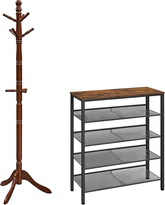 VASAGLE Shoe Rack Bundle with Coat Stand, 5-Tier Shoe Storage Shelves, Coat Tree with 10 Hooks for Hats, Bags, for Entryway, Hallway, Rustic Brown, Black and Dark Walnut ULBS038B01 and URCR03WN