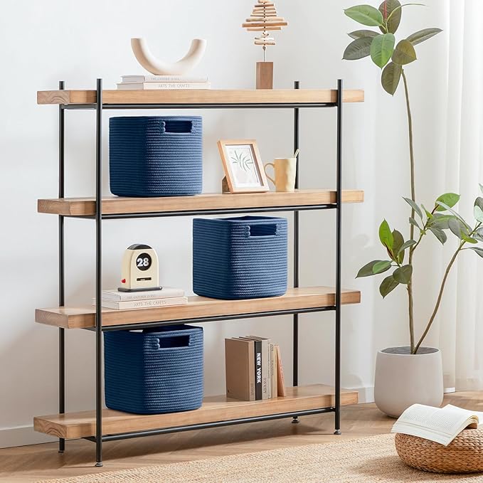 UBBCARE Set of 4 Cotton Rope Basket 12 X 12 X 12 Inches, Woven Storage Baskets for Shelves, Organizing with Handles, Cube Storage Bins for Storage Books, Magazines, Navy Blue