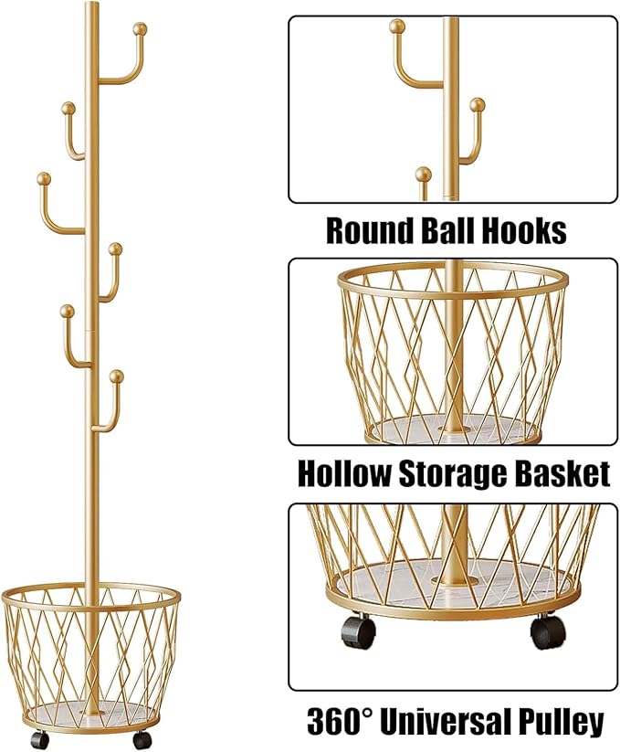White Cactus shaped Coat Rack Hanger Freestanding, Metal Clothes Rack with Basket 6 Hooks to Hang Clothes, Hat, Bag for Entryway, Hallway, Bedroom