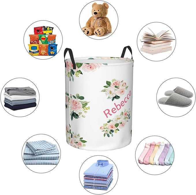 Pink Florals Leaves Customized Laundry Basket Clothes Hamper with Name Collapsible Waterproof Large Capacity Organizer Storage for Living Room.