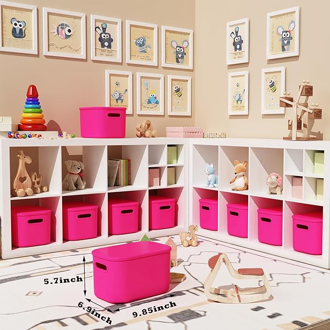 8 Pack Pink Storage Bins with Lids Stackable Storage Container for Organizing, Storage Boxes with Handle for Shelves, Cute Storage Bin for Craft, Snacks, 9.85x6.9x5.7 inch