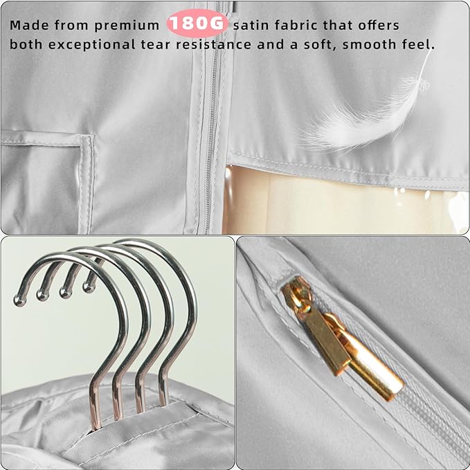 Garment Bags for Hanging Clothes and Travel with 4" Gusseted, Suit Cover for Clothes,Coats,Suit,Jackets,Dress,Shirts,Skirt.(Silvery-48"-2pcs-Satin Fabric)