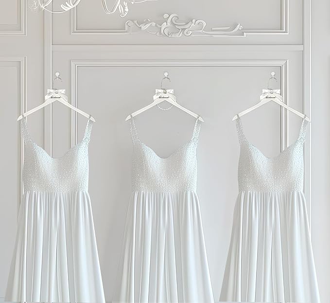 6 Pcs Bridesmaid Hangers White Wooden Wedding Bride Hanger with Bow and Pearl Necklace for Wedding Dresses Bridesmaid Dresses Gowns （6 Bridesmaid Hangers）