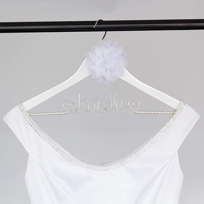 Bride to Be Wedding Dress Hanger Wooden and Wire Hangers for Brides Gowns, Dresses (White with Pearl Strand and Flower)