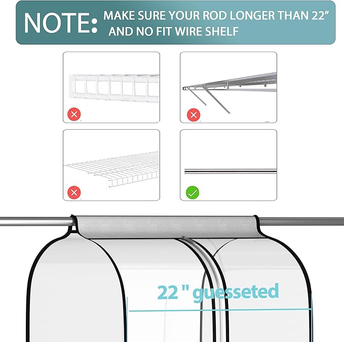 22” Gusseted Garment Bags for Hanging Clothes, All Clear Clothes Cover for Closet Storage, Wardrobe Coat Protector for Suit, Shirt Long Dress, Bottom Enclosed, 2 Pack, 60” Long