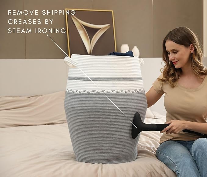 26" x 20" Handcrafted Tall Cotton Rope Basket with Lid, Stylish Flagon Shape with Cover, Clothes Hamper with Top, for Bedroom and Living Room, White/Grey
