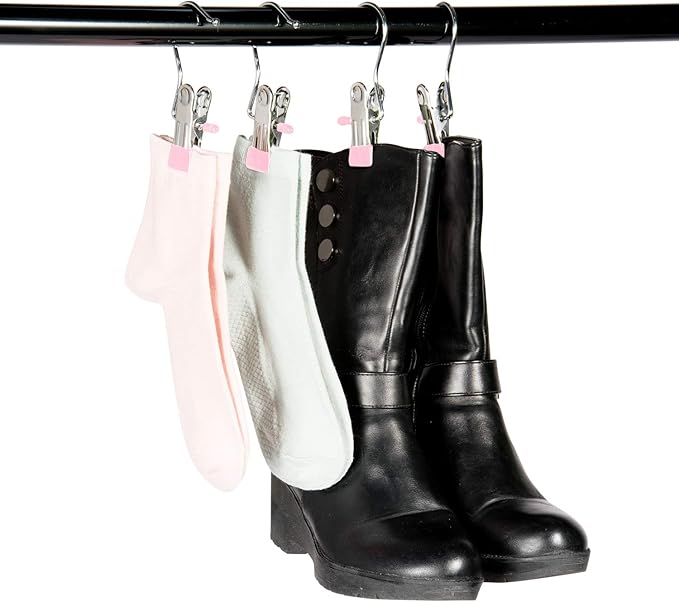 15 Pack Boot Hanger for Closet, Laundry Hooks with Clips, Boot Holder, Hanging Clips, Portable Multifunctional Hangers Single Clip Space Saving for Jeans, Hats, Tall Boots, Towels(Pink)