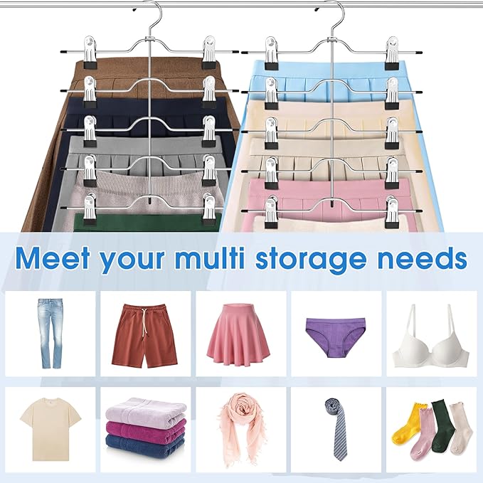 Pants Skirt Hangers with Clips, 4 Pack Pant Hangers Skirt Hangers Space Saving Closet Hanger Organizer Closet Organizers and Storage