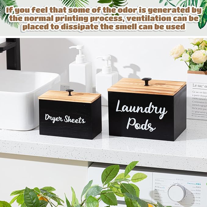 Dandat 2 Pcs Wood Rustic Laundry Dryer Sheet Holder Pod Container with Lid 8.7 x 6.3 x 6.4 Inch Laundry Pod Holder 7.3 x 3.7 x 5 Inch Dryer Sheet Dispenser Wooden Box Container(Black)
