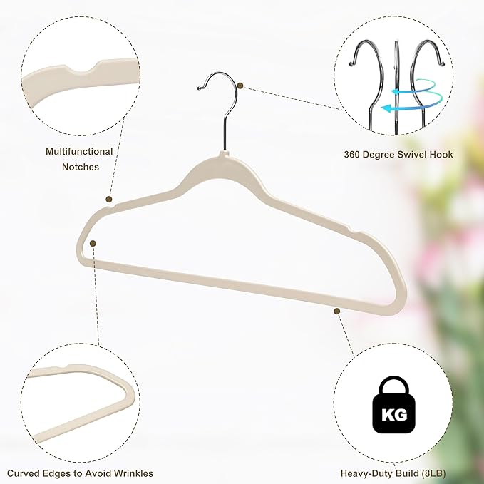 Quality Hangers 50 Pack Slim Plastic Hangers for Clothes - 16.5" Won't Crease Your Clothes, Heavy Duty Non-Velvet Ivory/Beige Hangers 360° Swivel Chrome Hook Non Slip Notches Dresses Coats Shirts